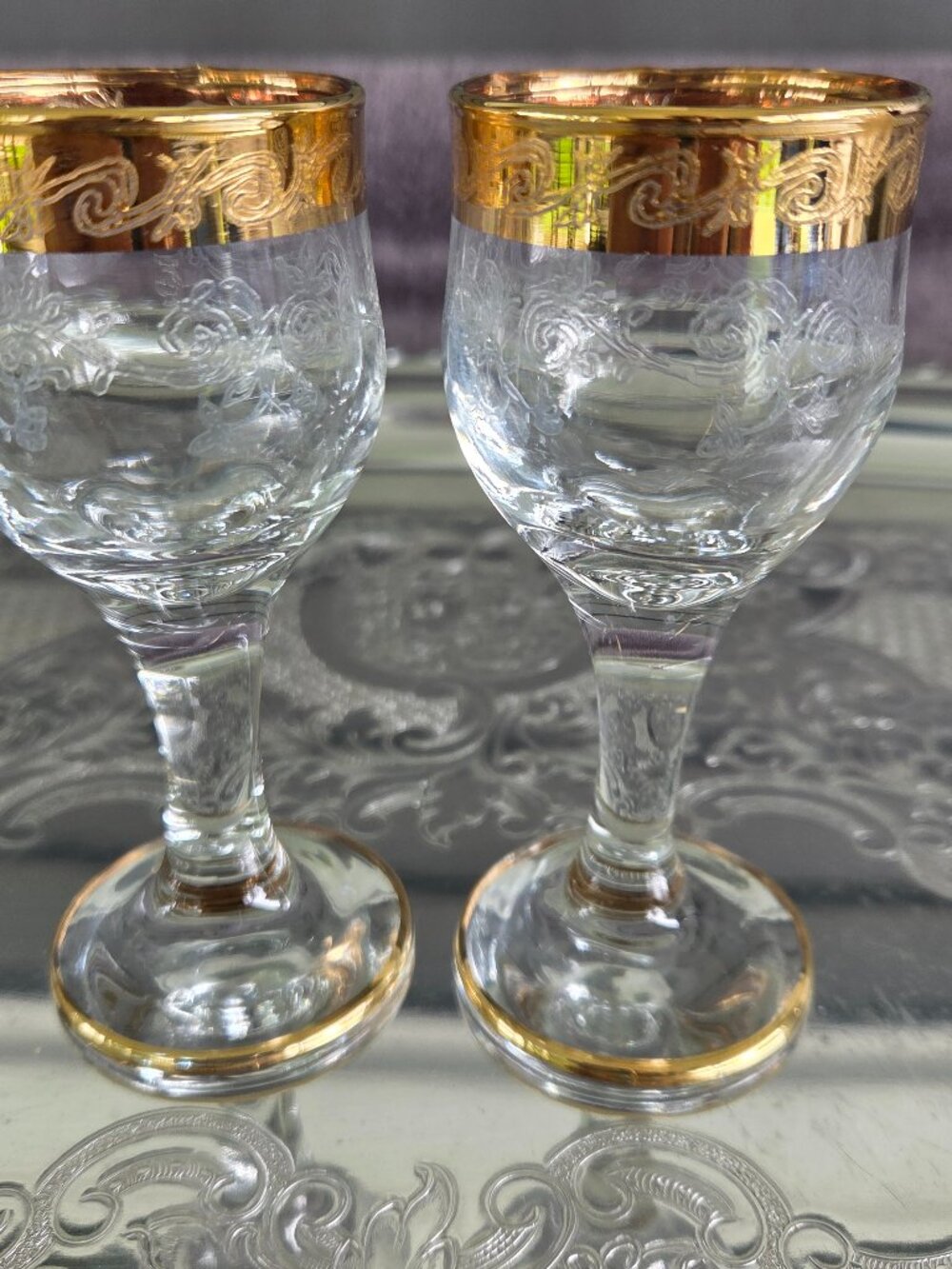 Cristalleria Fratelli Fumo Style 4.5” Aperitif Cordial Gold Trim Glasses (2)